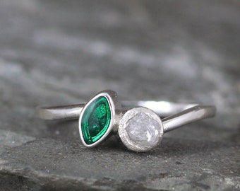 Rough Diamond and Green Enamel Ring - Unique 2 Stone Rings - Sterling Silver Engagement & Promise Ring - Handmade in Canada - Raw Uncut Gem
