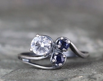 Sapphire Trio Ring - 3 Stone Rings - White and Blue Sapphire Ring - Sterling Silver - Anniversary Ring - September Birthstone