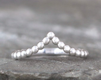 Beaded V Ring - Skinny Sterling Silver Stackable Band - Modern Chevron Rings - Commitment Ring - Wedding Band