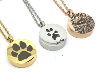 Memorial Urn Pendant - Engraved with actual Paw, Nose or Fingerprint of your Loved One - Stainless Steel - Cremation Jewellery - From Canada