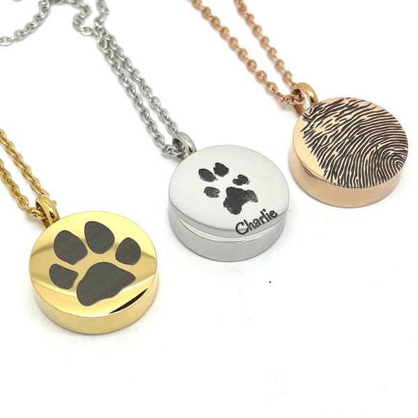 Memorial Urn Pendant - Engraved with actual Paw, Nose or Fingerprint of your Loved One - Stainless Steel - Cremation Jewellery - From Canada