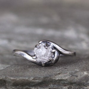 Crescent Engagement Ring & Wedding Band - Rough Uncut Raw Diamond - Sterling Silver - Curved Wedding Ring Set - Made in Canada