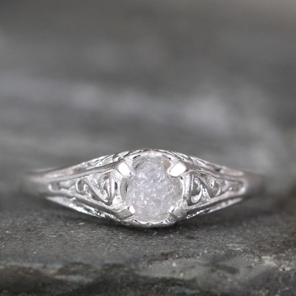 Antique Style Raw Diamond Engagement Ring - Rough Uncut Rough Diamond Gemstone and Sterling Silver Filigree Ring  - April Birthstone