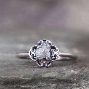 Floral Inspired Engagement Ring - Raw Rough Uncut Diamond Rings - Sterling Silver - Rustic - Made in Canada