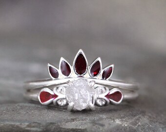 Uncut Diamond and Red Enamel Engagement Ring - Art Deco Inspired Ring - Sterling Silver - Uncut Raw Gemstone Rings - Unique Wedding Set