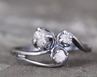 Raw Diamond Trio Ring - Uncut Rough Diamond - Diamond Engagement Rings - 3 Stone Rings - Raw Gemstone - April Birthstone - Anniversary Ring