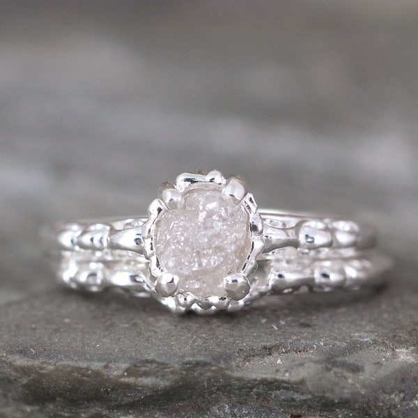 Bijpassende Engagement Ring en bruiloft Band - ruwe diamanten ringen - ruwe diamanten bruiloft ingesteld - antieke filigraan stijl - trouwringen