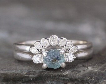 Montana Sapphire & Diamond Engagement Ring  - Three Stone Rings - Sterling Silver - Uncut Raw Colored Gemstone Rings