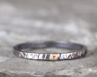 14K Gold and Black Sterling Silver 2mm Wedding Band – Rose Yellow or White Gold Accent  – Hammered Texture - Mixed Metal – Commitment Rings