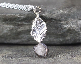 Leaf & Rose Bud Diamond Pendant - 0.50 Carat Raw Diamond Necklace - Uncut Rough Gemstone - Sterling Silver - April Birthstone