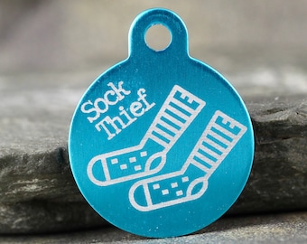Pet ID Tags - 'Sock Thief' - Pet ID Tag - 3 sizes, 9 colors - Laser Engraved with your Custom Text