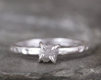 Uncut Diamond Engagement Ring - Raw Rough Diamonds - Sterling Silver Stacking Ring - Rustic Textured Band - 1/2 carat Diamond