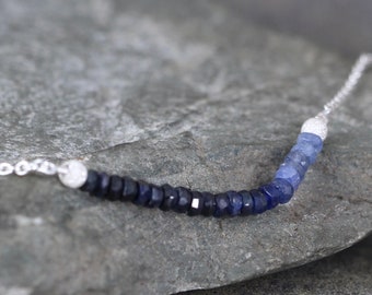 Sapphire Necklace - Ombre Sapphire Bar Pendant - Sterling Silver - Beaded Blue Gemstone - September Birthstone - Modern Everyday Jewelry