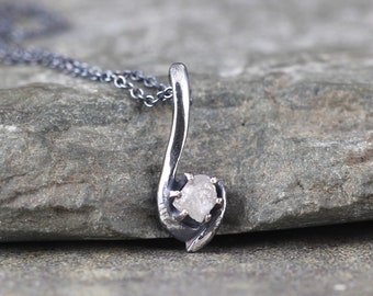 Curved Design Diamond Pendant - 1/2 Carat Rough Uncut Diamond Necklace-Conflict Free-Raw Diamond Gemstone-April Birthstone-Oxidized Finish