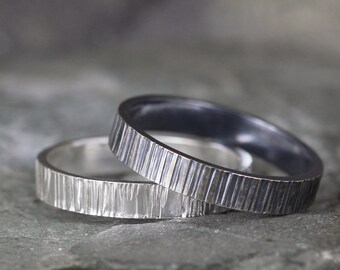 4mm Vertical Hammered Texture Sterling Silver Wedding Band – Commitment Rings – Wedding Bands – Unisex Design – Birch Wood Bark Finish