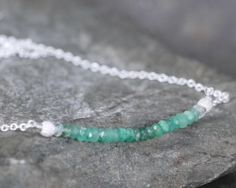 Emerald Necklace - Ombre Emerald Bar Pendant - Sterling Silver - Beaded Gemstone - May Birthstone - Modern Everyday Jewelry