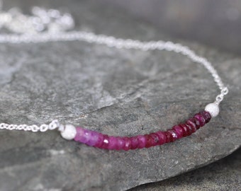 Ruby Necklace - Ombre Ruby Bar Pendant - Sterling Silver - Beaded Gemstone - July Birthstone - Modern Everyday Jewelry