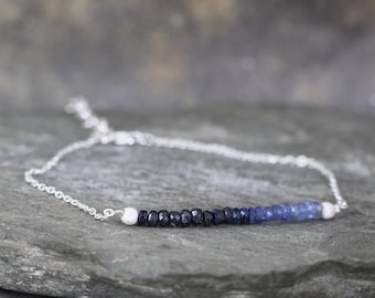 Blue Sapphire Bracelet - Ombre Sapphire Bar Bracelet - Sterling Silver - Beaded Gemstone - September Birthstone - Modern Everyday Jewelry