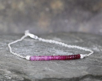 Ruby Bracelet - Ombre Ruby Bar Bracelet - Sterling Silver - Beaded Gemstone - July Birthstone - Modern Everyday Jewelry