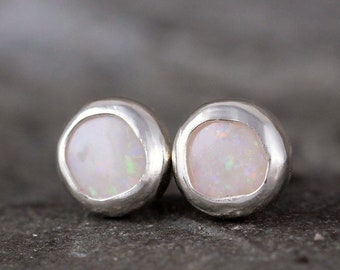 Opal Earrings - Bezel Set Stud Pierced Earring - Sterling Silver Earrings - Made in Canada - Colorful Opal - October Birthstone