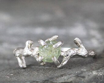 Yellow Green Montana Sapphire - Raw Rough Uncut Natural Sapphire - Sterling Silver Tree Branch Ring - Raw Gemstone Ring September Birthstone