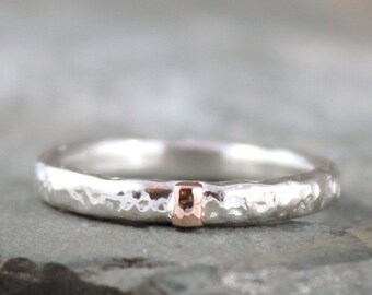 14K Rose Gold and Hammered Sterling Silver Band-Round Comfort Fit Style-Men's or Ladies Jewelry-3mm Wedding Bands-Mixed Metal-Stacking Ring