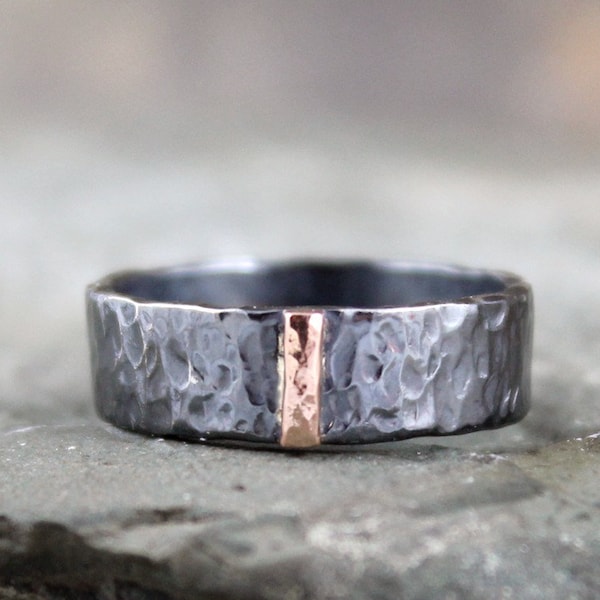 14K Rose Gold and Black Sterling Silver Band - Flat Pipe Style - Men's or Ladies Jewellery - 6mm Wedding Bands - Mixed Metal - Stacking Ring