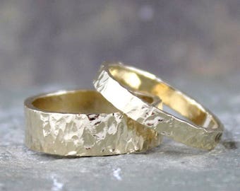 Hammered 14K Yellow Gold Wedding Bands - His and Hers - Hammered Texture Band - Commitment Rings - Matching Wedding Rings - Wedding Band Set