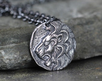 Lion Head Pendant - Rustic Necklace - Mens Jewellery - Lion Head Coin Necklace - Sterling Silver