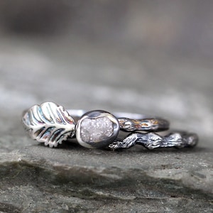 Twig & Leaf Raw Diamond Engagement Ring Set - Nature Inspired - Raw Uncut Rough Diamond Rings - Raw Diamond Jewellery Made in Canada