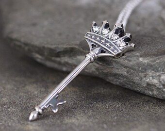 Key Necklace - Diamond and Sterling Silver - Vintage Look Key - Crown Theme - Key to Your Heart Pendant