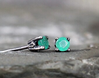 Green Emerald Earrings - May Birthstone - Sterling Silver Stud Earring - 3 mm Emerald - Green Gemstone Earrings - Jewelry Made in Canada