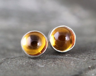 Golden Citrine Earrings - Bezel Set Stud Pierced Earring - Sterling Silver Earrings - Made in Canada - Yellow Gemstone - November Birthstone