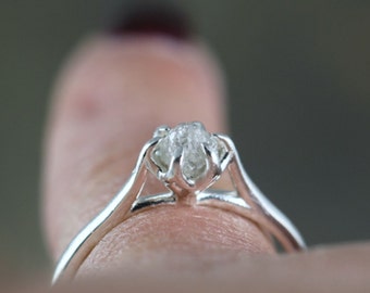 Raw Diamond Engagement Ring - Basket Weave Setting - Sterling Silver - Solitaire Uncut Rough Diamond Rings - Made in Canada