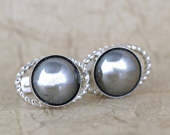 Vintage Hematite Cufflinks - Bright Silver Tone Finish - Vintage Men's Jewellery - Formal Wear Accessory - Grooms Gift