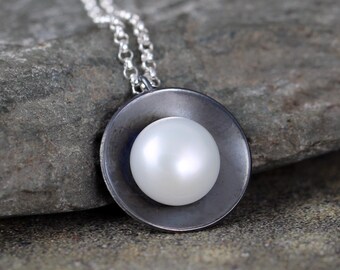 Pearl Pendant - Sterling Silver - White Fresh Water Pearl - Organic Gemstone Necklace - Rustic Modern Jewellery - June Birthstone