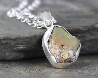 Opal Pendant Necklace - Uncut Raw Rough Opal Gem - October Birthstone -  Sterling Silver Opal Pendant - Raw Opal Gemstone