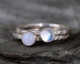 Moonstone & Blue Chalcedony Stacking Rings - You choose Moonstone OR Blue Chalcedony - Sterling Silver - Rustic Style - Handmade in Canada