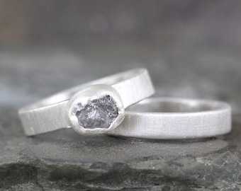 Rough Diamond Engagement Ring and Matching Wedding Band - Rustic Ring - Alternative Diamond Rings - Raw Uncut Diamond Jewellery