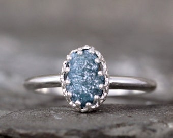 Raw Blue Diamond Ring - Crown Style Setting - Sterling Silver - Rough Uncut Conflict Free Diamond - Engagement Rings - April Birthstone Ring