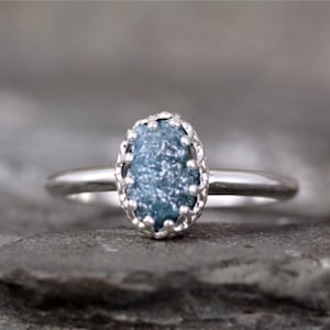 Raw Blue Diamond Ring - Crown Style Setting - Sterling Silver - Rough Uncut Conflict Free Diamond - Engagement Rings - April Birthstone Ring