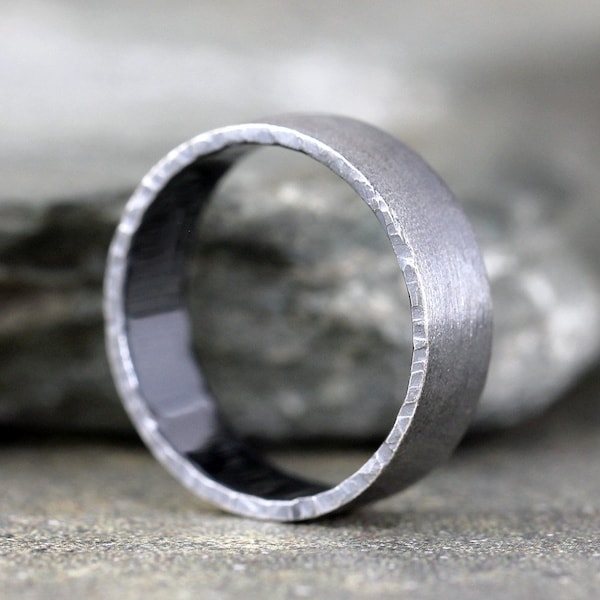 Men's Wedding Band - Sterling Silver Brushed Finish - Hammered Edge - Oxidized Patina - Commitment Rings - Friendship Band - Unisex Design