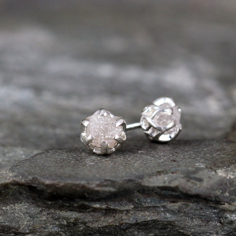 1 Carat Raw Diamond Earrings - Sterling Silver Filigree Inspired - Stud Earring - April Birthstone - Uncut Gemstone - Conflict Free Diamonds 