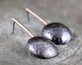 Sterling Silver and 14K Pink Gold Earrings - Pendulum Drops - Rustic Earrings - Blackened Silver and Rose Gold - Dangle Earring