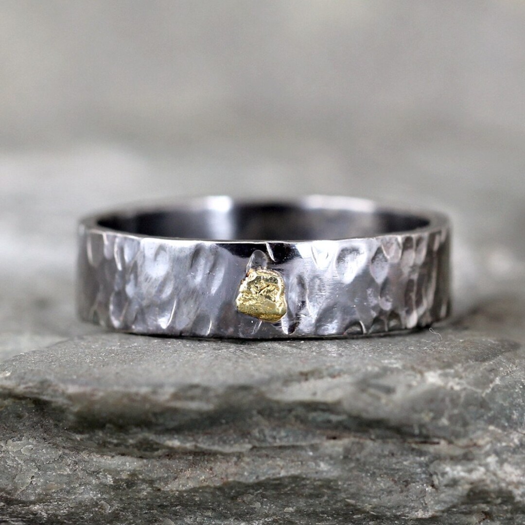 Gold Nugget Wedding Band Natural Gold Nugget Black Sterling Silver Hammered Wedding Bands Rustic