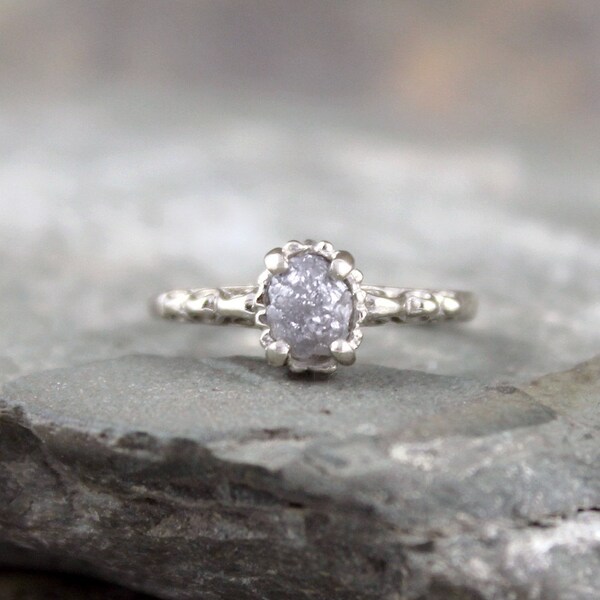 Raw Diamond Engagement Ring -14K White Gold Filigree Ring - Antique Styled Engagement Ring - April Birthstone -Uncut Rough Raw Gemstone Ring
