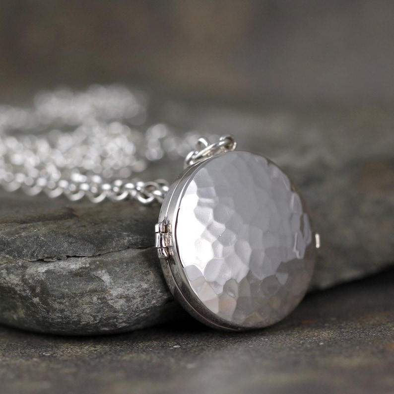 Rustic Hammered Texture Round Silver Locket Pendant Long Layering Necklace Sterling Silver Keepsake Pendant