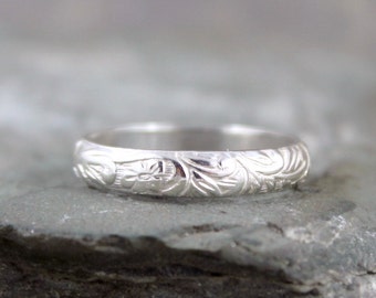 Floral Pattern Sterling Silver Band - Wedding Bands - Stacking Ring - Nature Inspired Rings - Commitment Rings - Made in Canada