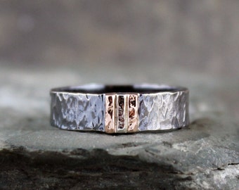 Men's Wedding Band - Black Sterling Silver & 14K Rose and White Gold - Rustic Wedding Bands - Hammered Bands - Made in Canada - Mixed Metals
