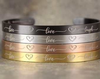 LIVE, LOVE, LAUGH Cuff Bracelet - Rose, Yellow, Steel or Black Stainless Steel - Engraved Bracelet - Expressions Mantra Sayings